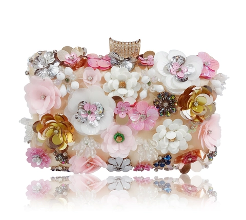 Elegante Abendtasche Aus Satin Luxus 3D Blumen Pailletten Strassverschluss Mit Abnehmbarer Kette Hochzeit Party