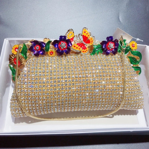 Pochette Da Sera Strass Smalto Fiore Farfalla Lusso Matrimonio Sposa Festa Borsa A Mano Con Catena Dorata
