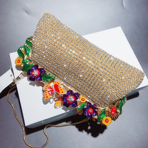 Pochette Da Sera Strass Smalto Fiore Farfalla Lusso Matrimonio Sposa Festa Borsa A Mano Con Catena Dorata