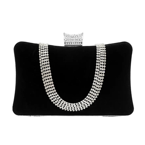 Velvet Evening Clutch Bag Rhinestone U-Shape Diamond Handbag For Women Wedding Party Banquet Chain Strap