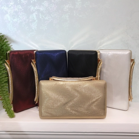 Women Evening Clutch Bag PU Leather Wave Texture Rhinestone Handle Metal Frame Chain Strap Elegant Square Party Handbag