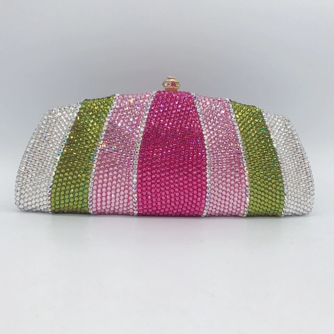 Rhinestone Evening Clutch Bag Multi Color Crystal Rainbow Stripe Metal Hard Shell Party Handbag With Chain For Women