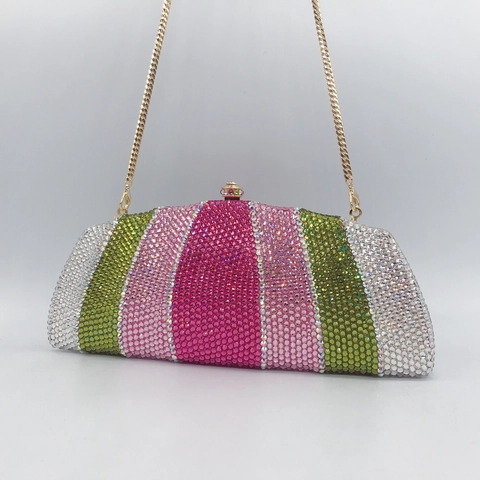 Rhinestone Evening Clutch Bag Multi Color Crystal Rainbow Stripe Metal Hard Shell Party Handbag With Chain For Women