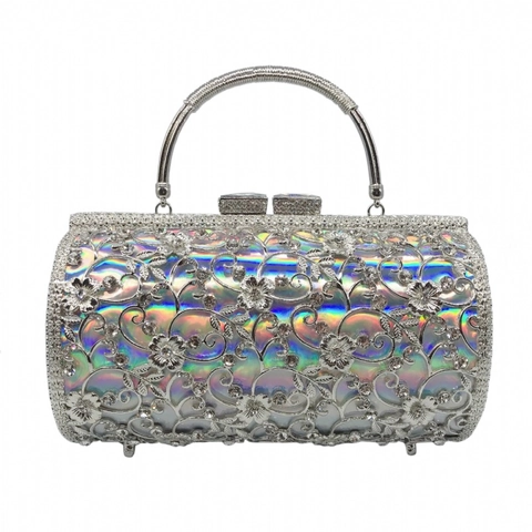 Pochette Da Sera Cilindro In Metallo Svuotato Strass Fiore Lusso Per Donna Festa Matrimonio Banchetto