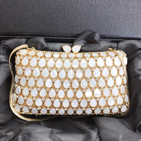 Luxus Abendtasche Wassertropfen Muschel Strass Gold Metallrahmen Schmetterlingsverschluss Bankett Party Clutch Mit Kette