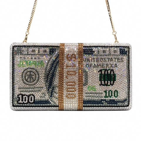 Borsa Da Sera Forma Banconota Dollaro Con Strass Guscio Rigido In Metallo Motivo Soldi Pochette Con Tracolla A Catena Per Donna