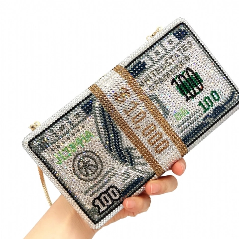 Borsa Da Sera Forma Banconota Dollaro Con Strass Guscio Rigido In Metallo Motivo Soldi Pochette Con Tracolla A Catena Per Donna