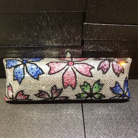 Abendhandtasche Damen Strass Blumen Kristall Metall Hartschale Luxus Bankett Party Kupplung Silber