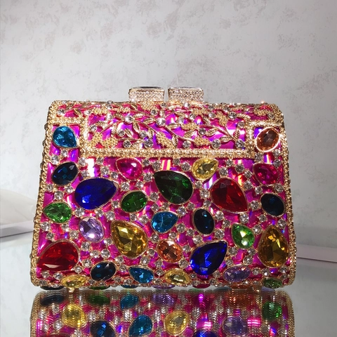 Bolso De Noche Lujoso Con Cristales De Colores Bolso De Mano Floral De Metal Calado Para Mujer Banquete Boda Fiesta