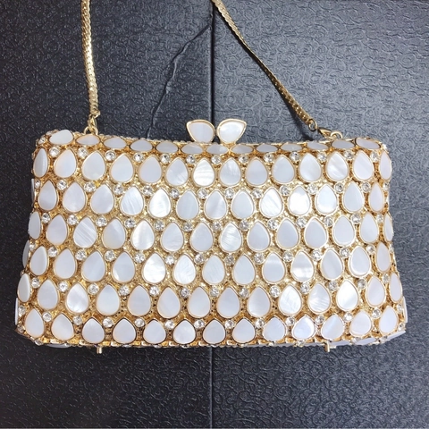 Luxus Abendtasche Wassertropfen Muschel Strass Gold Metallrahmen Schmetterlingsverschluss Bankett Party Clutch Mit Kette