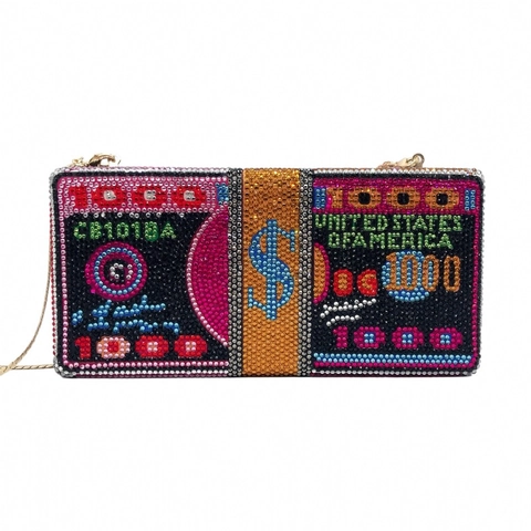 Borsa Da Sera Con Strass Forma Di Fascio Di Dollari Lusso Cristallo Pochette Con Catena In Metallo Per Donna Festa Banchetto