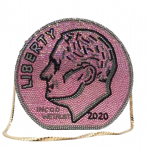 Στρογγυλή Τσάντα Στρας Liberty Coin Χειροποίητη Κρυστάλλινη Μεταλλική Σκληρή Τσάντα Χειρός Δεξιώσεων Με Αλυσίδα