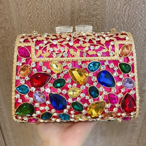Luxury Rhinestone Crystal Evening Clutch Bag Vintage Metal Square Hard Shell Handbag With Round Handle For Party Women