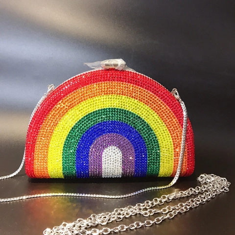 Borsa Da Sera Con Strass Arcobaleno Semicircolare Pochette Di Lusso A Forma Di Conchiglia Per Donna Festa Banchetto Con Catena In Metallo Argentato