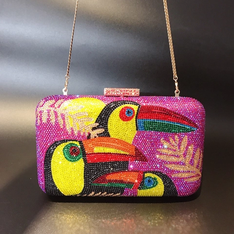 Toucan Bird Rhinestone Evening Bag Hard Shell Crystal Clutch With Metal Chain Strap Tropical Luxury Banquet Party Bag