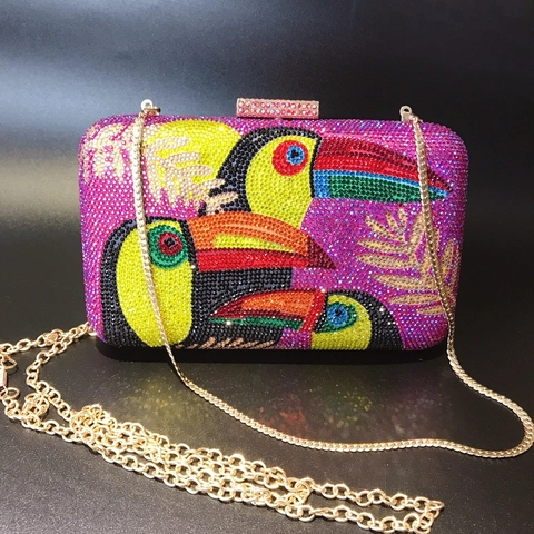 Toucan Bird Rhinestone Evening Bag Hard Shell Crystal Clutch With Metal Chain Strap Tropical Luxury Banquet Party Bag