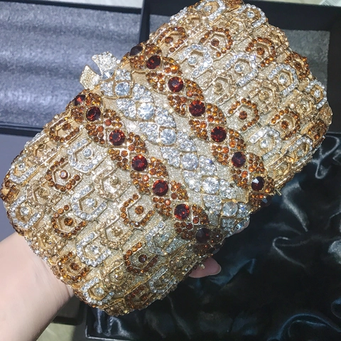 Borsa Da Sera Di Lusso Con Strass Fatta A Mano Guscio Rigido In Metallo Motivo Geometrico Matrimonio Festa Con Catena
