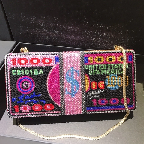 Luxe Strass Avondtasje Geldontwerp USD Dollars Metalen Ketting Harde Koffer Party Banket Handtas Voor Dames