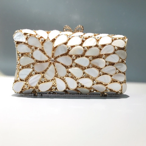 Luxury Evening Clutch Bag Metal Frame Mother Of Artificial Pearl Flower Rhinestone Crystal Handbag For Banquet Wedding Formal