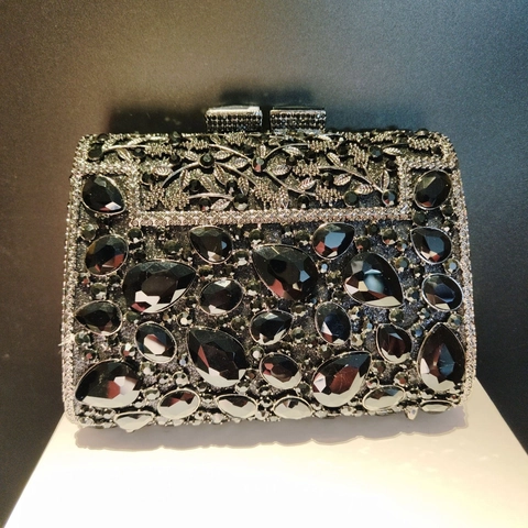 Luxury Rhinestone Crystal Evening Clutch Bag Vintage Metal Square Hard Shell Handbag With Round Handle For Party Women