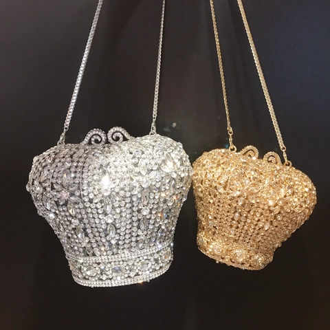 Crown Shape Evening Clutch Bag Full Rhinestone Metal Hard Case Chain Strap Banquet Wedding Handbag For Women Shiny Elegant