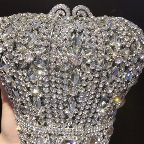 Crown Shape Evening Clutch Bag Full Rhinestone Metal Hard Case Chain Strap Banquet Wedding Handbag For Women Shiny Elegant