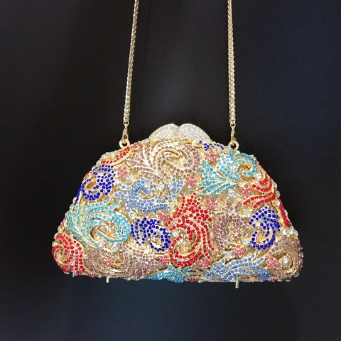 Luxury Evening Clutch Bag Metal Rhinestone Encrusted Multi Color Baroque Pattern Elegant Party Handbag With Chain For Women