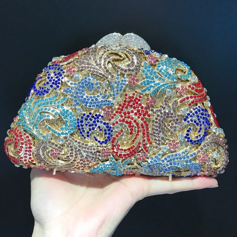 Luxury Evening Clutch Bag Metal Rhinestone Encrusted Multi Color Baroque Pattern Elegant Party Handbag With Chain For Women