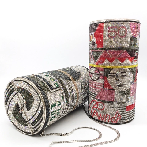 Full Rhinestone Geld Abendtasche Zylinder Währung Muster Kristall Clutch Mit Kette Für Damen Party Bankett