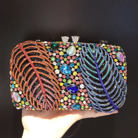 Pochette De Soirée De Luxe Strass Colorés Cristal Incrusté Motif Plumes Coque Rigide En Métal Sac À Main De Fête Chaîne