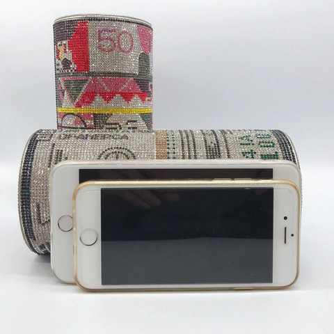 Full Rhinestone Geld Abendtasche Zylinder Währung Muster Kristall Clutch Mit Kette Für Damen Party Bankett
