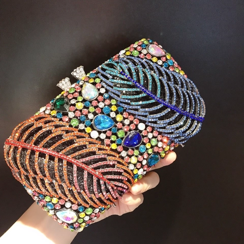 Pochette De Soirée De Luxe Strass Colorés Cristal Incrusté Motif Plumes Coque Rigide En Métal Sac À Main De Fête Chaîne