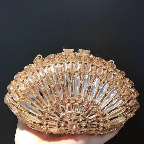Borsa Da Sera Con Strass Forma Conchiglia Custodia Rigida Metallo Pochette Cristallo Con Catena Per Feste Matrimonio Donna