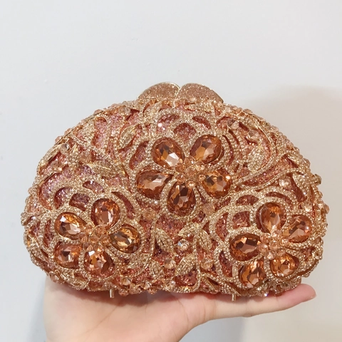 Pochette Da Sera Lusso Strass Cristallo Fiore Guscio Rigido Metallo Festa Matrimonio Oro Champagne Con Catena Rimovibile