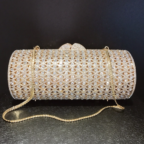 Bolso De Noche Cilíndrico Hueco De Metal De Lujo Cartera De Mano Con Diamantes De Imitación Y Cadena Para Fiesta