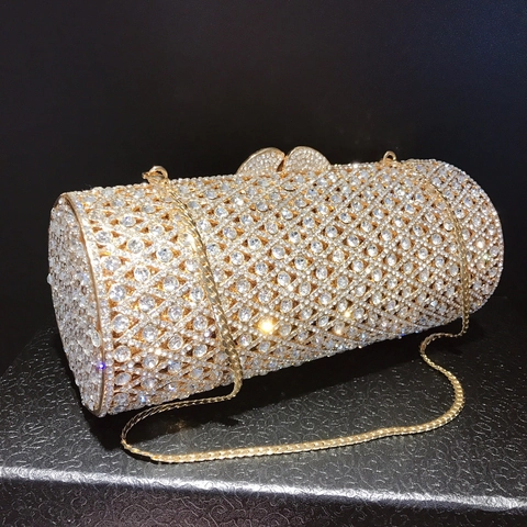 Bolso De Noche Cilíndrico Hueco De Metal De Lujo Cartera De Mano Con Diamantes De Imitación Y Cadena Para Fiesta