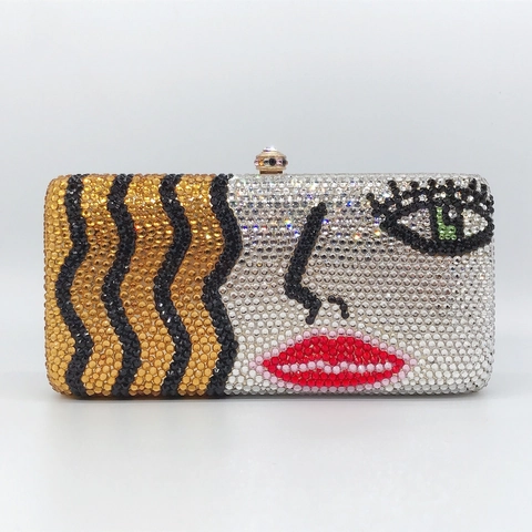 Borsa Da Sera Con Strass Viso Pop Art Donna Lusso Cristallo Minaudiere Rigida Motivo Labbra Rosse Festa Cena