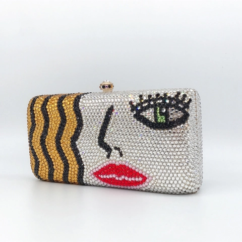 Borsa Da Sera Con Strass Viso Pop Art Donna Lusso Cristallo Minaudiere Rigida Motivo Labbra Rosse Festa Cena