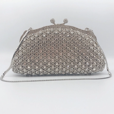 Borsa Da Sera Con Strass Argentati Da Donna Pochette Di Lusso Brillante In Metallo Rigido Per Matrimonio Festa Con Catena