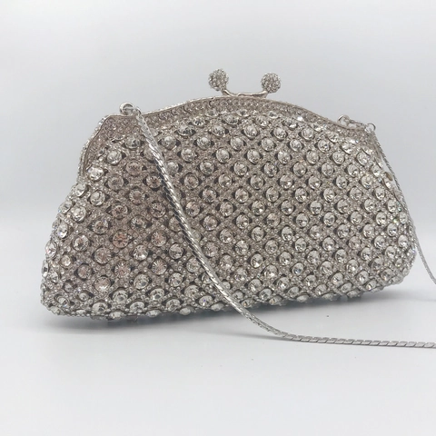 Borsa Da Sera Con Strass Argentati Da Donna Pochette Di Lusso Brillante In Metallo Rigido Per Matrimonio Festa Con Catena