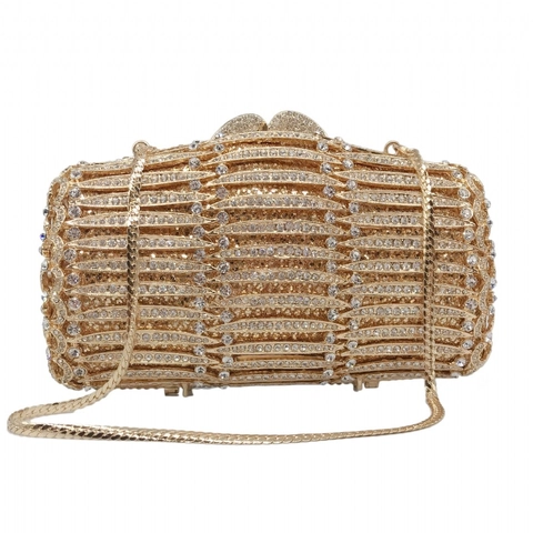 Luxe Gouden Strass Avondtas Metaal Hol Golfpatroon Hartsluiting Harde Schaal Party Bruiloft Handtas Dames