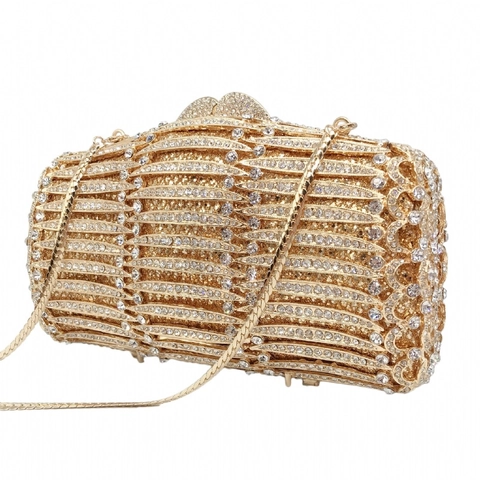 Luxe Gouden Strass Avondtas Metaal Hol Golfpatroon Hartsluiting Harde Schaal Party Bruiloft Handtas Dames