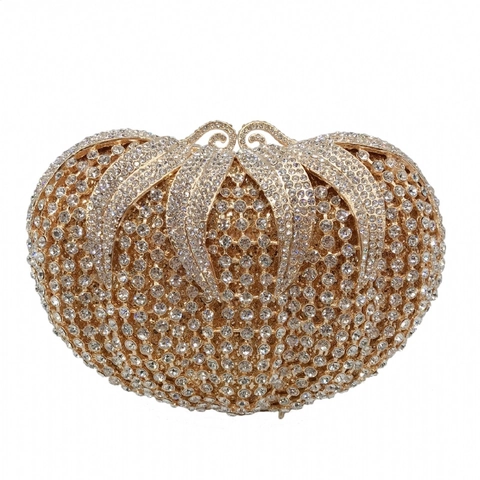 Elegant Women Fruit Shaped Rhinestone Evening Clutch Bag Metal Hollow Crystal Tomato Luxury Party Wedding Purse