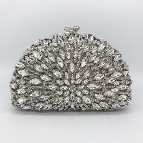 Pochette Da Sera Con Strass Argento Borsa Metallo Cavo Motivo A Sole Cristallo Chiusura A Farfalla Lusso Matrimonio Festa Donna