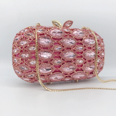 Borsa Da Sera Con Strass Rosa Clutch Cristallo Metallo Guscio Rigido Lusso Banchetto Matrimonio Festa Per Donne