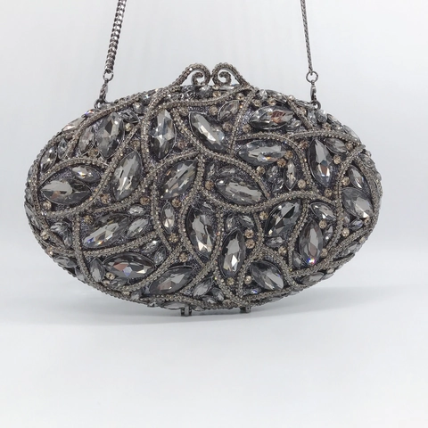 Elegante Bolso De Noche Para Mujer De Metal Con Diamantes De Imitación Cristal Marquise Rígido Con Patrón De Hojas Y Cadena