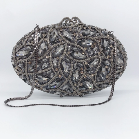 Elegante Bolso De Noche Para Mujer De Metal Con Diamantes De Imitación Cristal Marquise Rígido Con Patrón De Hojas Y Cadena