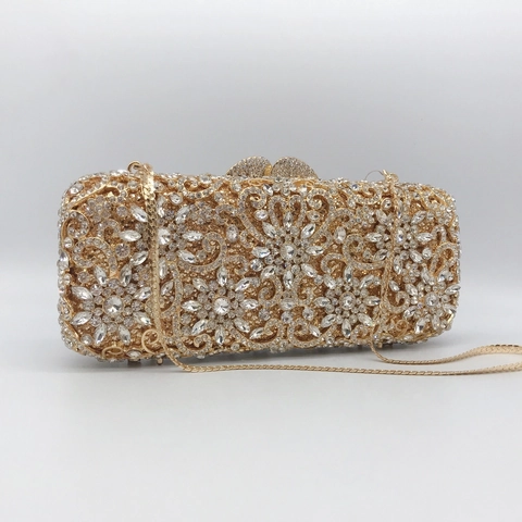 Bolso De Noche Lujo Metal Rhinestone Clutch Floral Cristal Rígido Boda Fiesta Bolso Con Cadena Para Mujer