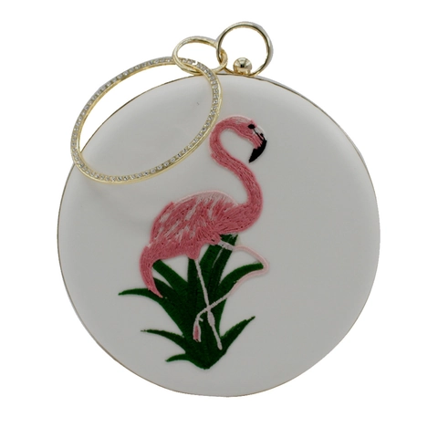 Flamingo Embroidery Round Evening Bag Women Rhinestone Circle Handle PU Leather Clutch Purse For Banquet Party Wedding