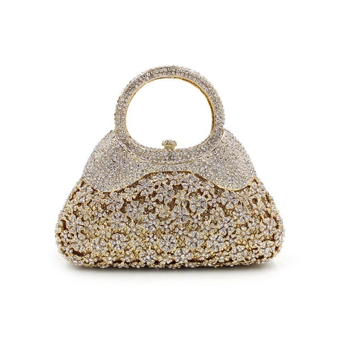 Luxury Rhinestone Evening Bag Hollow Flower Metal Handbag Party Elegant Formal Clutch With Round Handle And Chain Strap
